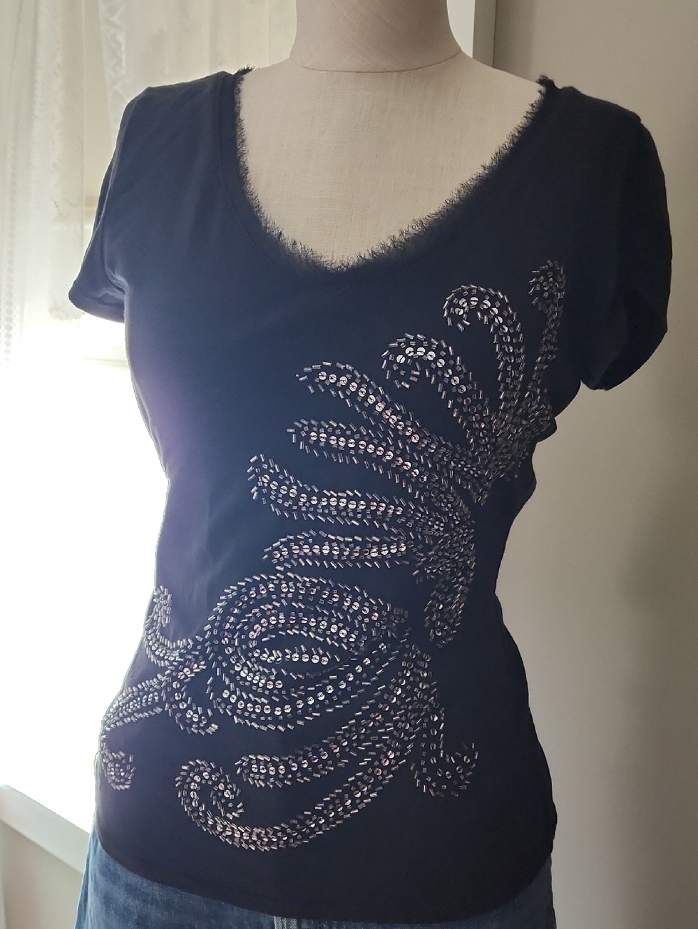 White House Black Market Short Sleeve V-Neck Tee with Sequin Swirl